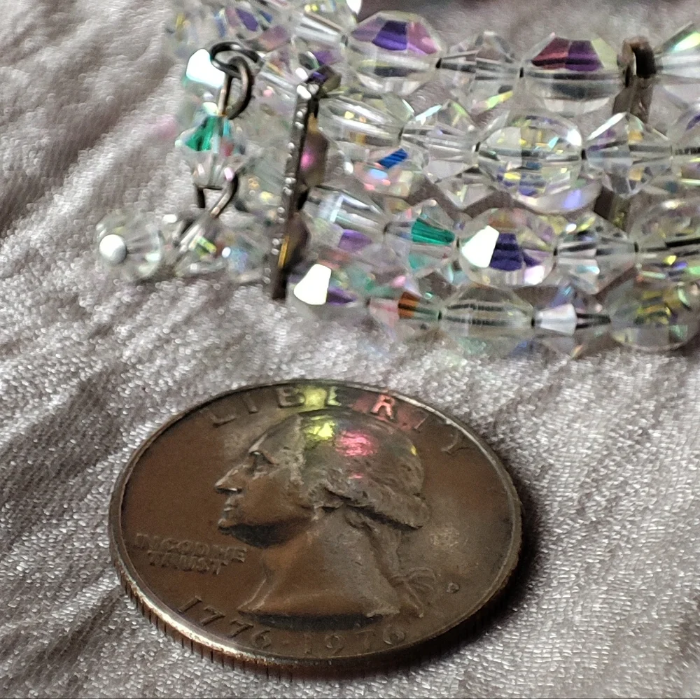 Triple Strand Vintage Memory Wire Crystal Clear Aurora Borealis Bracelet Small